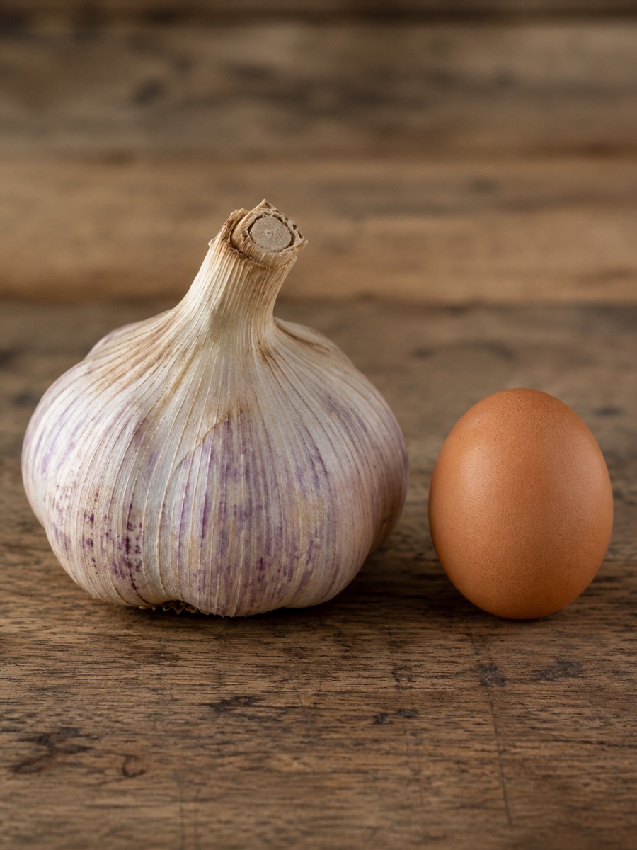 Cured elephant garlic bulb next to a hen's egg for scale
