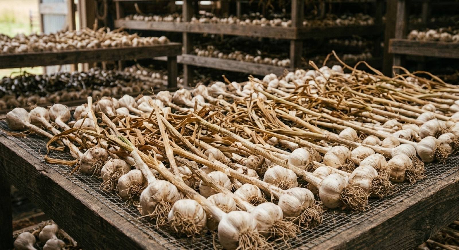 Garlic curing on wooden racks in the barn