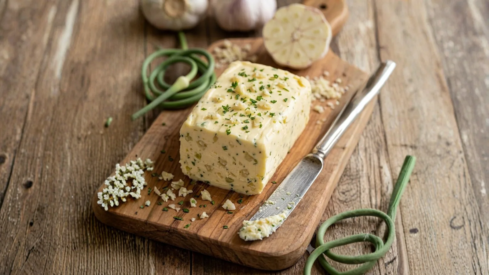 A log of pale roasted-elephant-garlic butter flecked with herbs on baking paper, a knife alongside