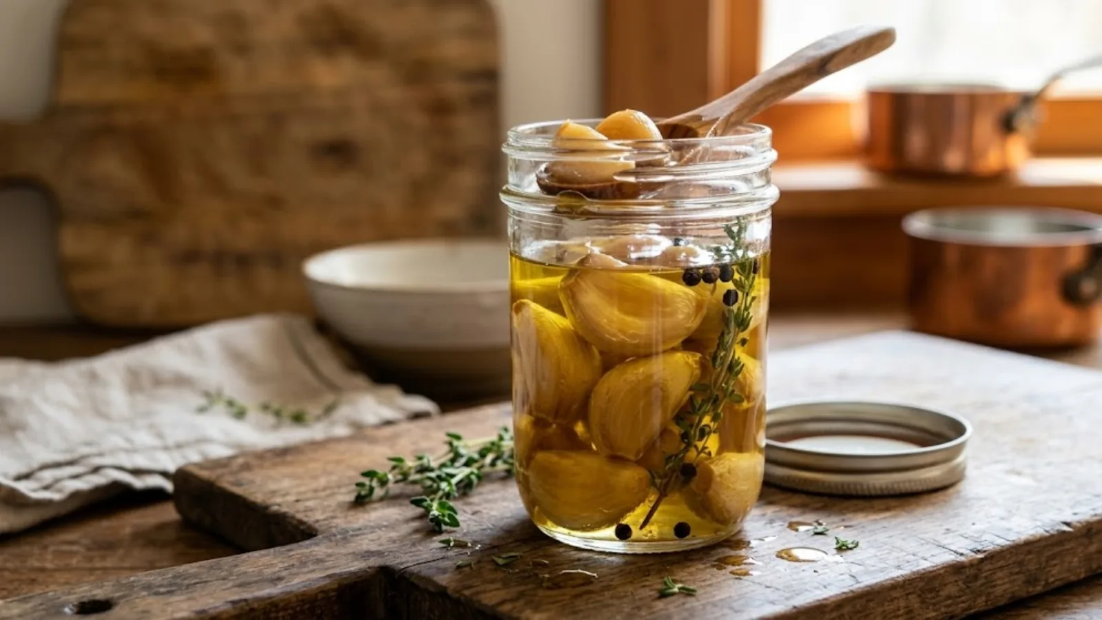 A jar of golden elephant garlic confit cloves submerged in oil, a spoon lifting one out