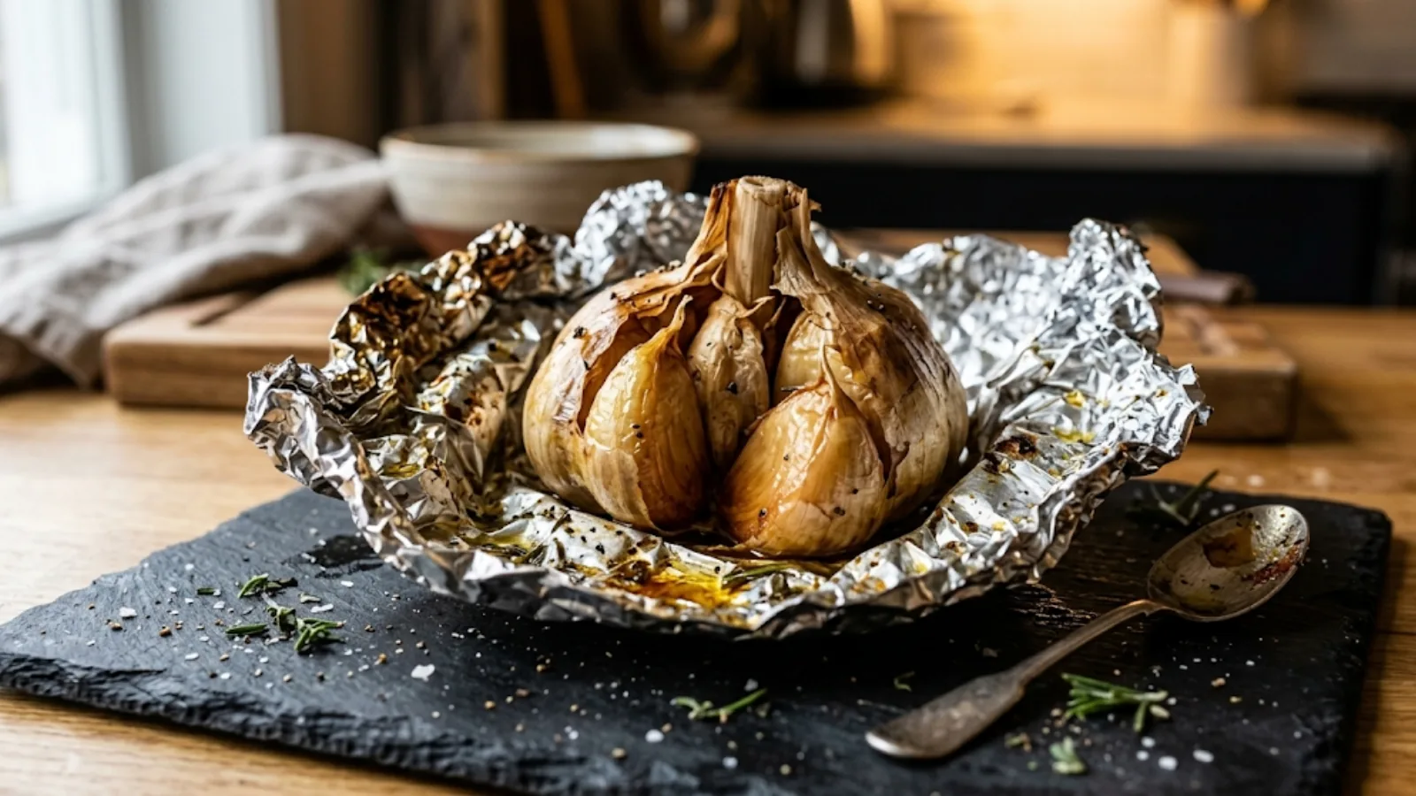 A whole roasted elephant garlic bulb, top sliced off, cloves gold and glistening in an open foil parcel