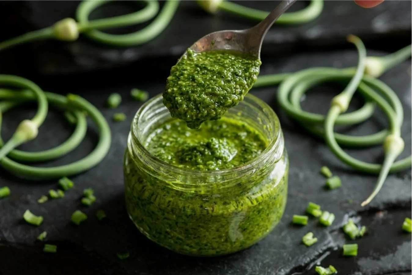 A jar of green elephant garlic scape pesto with a spoon, raw curled scapes beside it