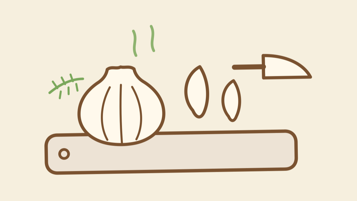 Hand-drawn illustration of an elephant garlic bulb and cloves on a chopping board with a chef's knife