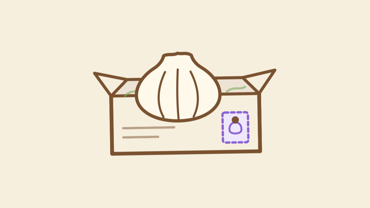 Hand-drawn illustration of an elephant garlic bulb nestled in an open delivery box with a postage stamp