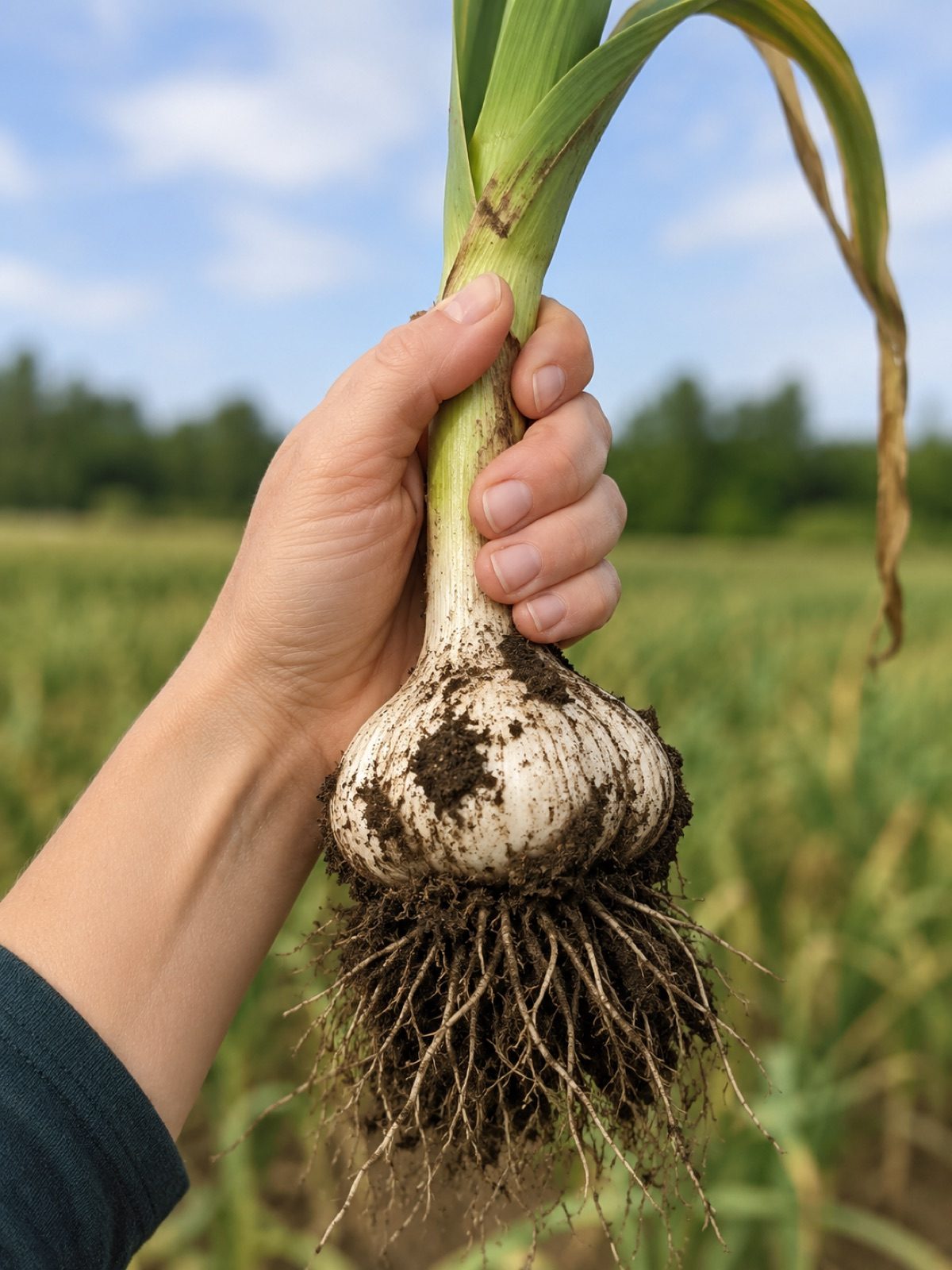 A freshly dug elephant garlic bulb held in one hand, field behind